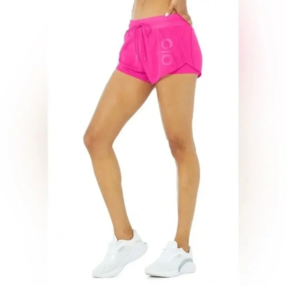 ALO Ambience Neon Pink Mesh Running Shorts Large Lined Drawstring Active‎ Gym